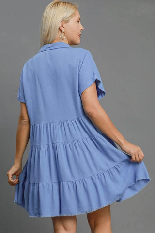 Umgee Full Size Raw Hem Folded Sleeve Tiered Dress Plus Size - Just Believe Boutique
