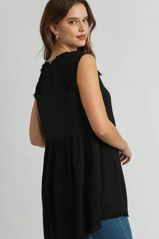 Umgee Full Size Raw Hem Linen Round Neck Sleeveless Top Plus Size - Just Believe Boutique
