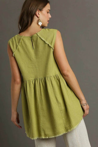 Umgee Full Size Raw Hem Linen Round Neck Sleeveless Top Plus Size - Just Believe Boutique