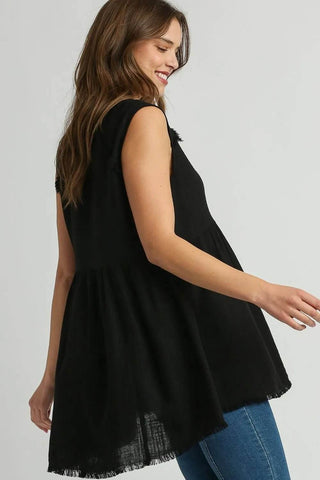 Umgee Full Size Raw Hem Linen Round Neck Sleeveless Top Plus Size - Just Believe Boutique