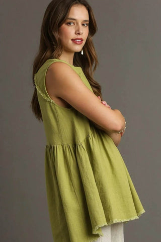 Umgee Full Size Raw Hem Linen Round Neck Sleeveless Top Plus Size - Just Believe Boutique