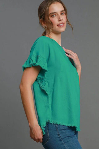 Umgee Full Size Raw Hem Ruffle Short Sleeve Blouse Plus Size - Just Believe Boutique