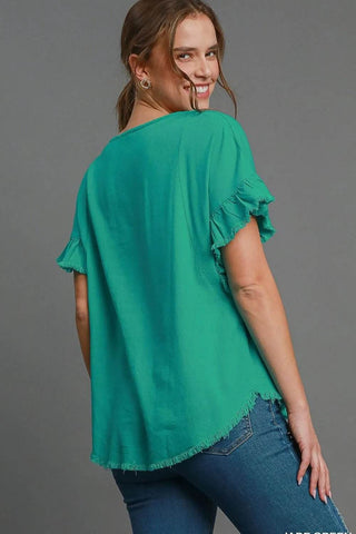 Umgee Full Size Raw Hem Ruffle Short Sleeve Blouse Plus Size - Just Believe Boutique