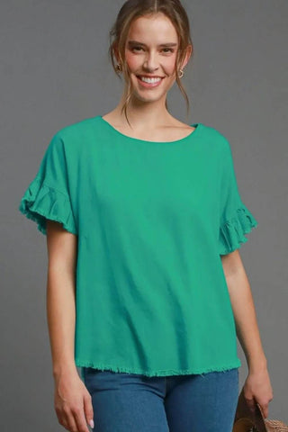 Umgee Full Size Raw Hem Ruffle Short Sleeve Blouse Plus Size - Just Believe Boutique