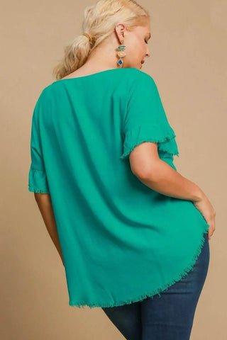 Umgee Full Size Raw Hem Ruffle Short Sleeve Blouse Plus Size - Just Believe Boutique