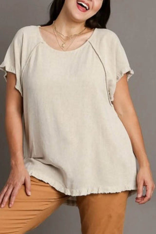 Umgee Full Size Seam Detail Linen Ruffle Fringe Edge Top Plus Size - Just Believe Boutique