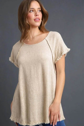 Umgee Full Size Seam Detail Linen Ruffle Fringe Edge Top Plus Size - Just Believe Boutique