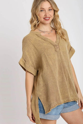 Umgee Full Size Side Slit Notched Mineral Wash Gauze Fabric Top Plus Size - Just Believe Boutique