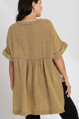 Umgee Full Size Side Slit Notched Mineral Wash Gauze Fabric Top Plus Size - Just Believe Boutique