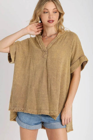 Umgee Full Size Side Slit Notched Mineral Wash Gauze Fabric Top Plus Size - Just Believe Boutique