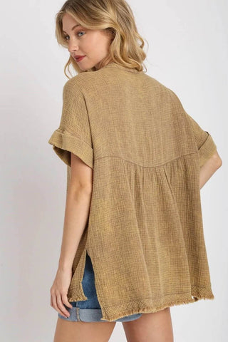 Umgee Full Size Side Slit Notched Mineral Wash Gauze Fabric Top Plus Size - Just Believe Boutique