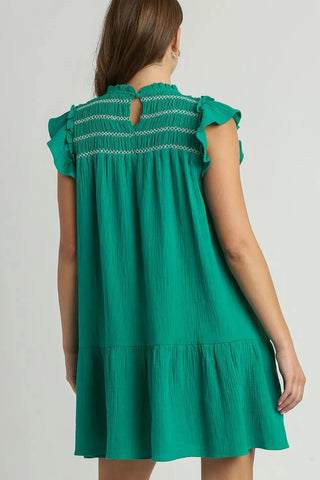 Umgee Full Size Smocked Contrast Stitching Ruffle Cap Sleeve Round Neck Dress Plus Size - Just Believe Boutique