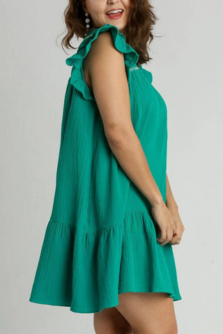 Umgee Full Size Smocked Contrast Stitching Ruffle Cap Sleeve Round Neck Dress Plus Size - Just Believe Boutique