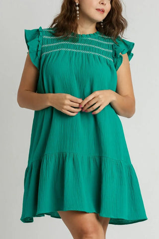 Umgee Full Size Smocked Contrast Stitching Ruffle Cap Sleeve Round Neck Dress Plus Size - Just Believe Boutique