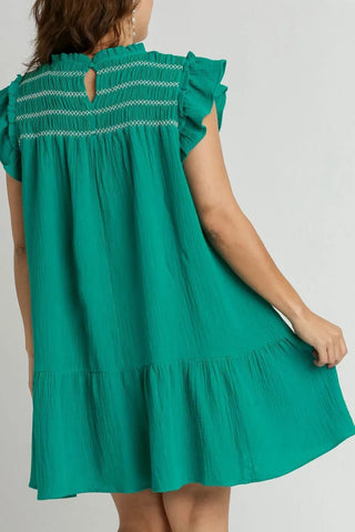 Umgee Full Size Smocked Contrast Stitching Ruffle Cap Sleeve Round Neck Dress Plus Size - Just Believe Boutique