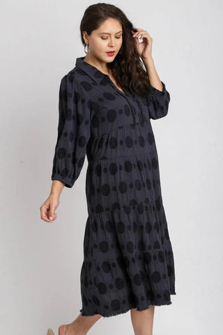 Umgee Full Size Solid Dotted Jacquard Midi Dress Plus Size - Just Believe Boutique