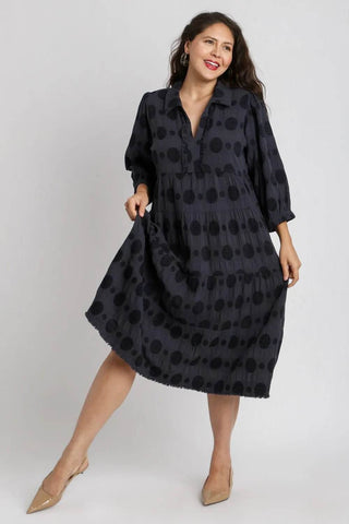 Umgee Full Size Solid Dotted Jacquard Midi Dress Plus Size - Just Believe Boutique