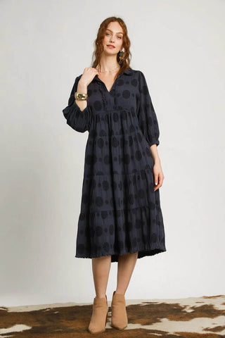 Umgee Full Size Solid Dotted Jacquard Midi Dress Plus Size - Just Believe Boutique