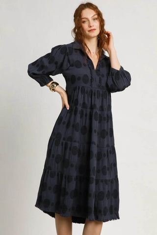 Umgee Full Size Solid Dotted Jacquard Midi Dress Plus Size - Just Believe Boutique