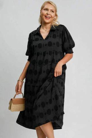 Umgee Full Size Swiss Dot Jacquard Tiered Midi Dress Plus Size - Just Believe Boutique