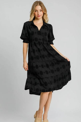 Umgee Full Size Swiss Dot Jacquard Tiered Midi Dress Plus Size - Just Believe Boutique