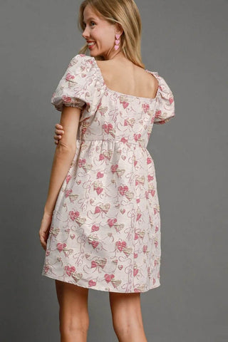 Umgee Heart Jacquard Square Neck Puff Sleeve Mini Dress - Just Believe Boutique