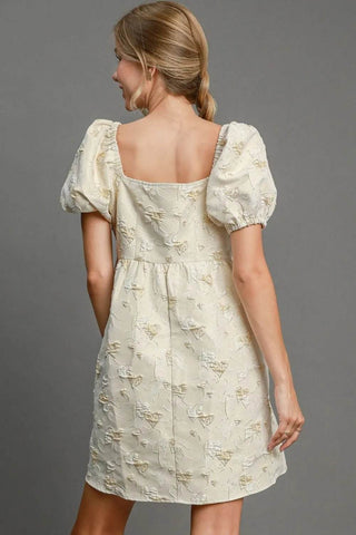 Umgee Heart Jacquard Square Neck Puff Sleeve Mini Dress - Just Believe Boutique