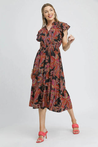 Umgee Mix Ruffle Sleeve Tropical Midi Dress - Just Believe Boutique