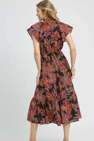 Umgee Mix Ruffle Sleeve Tropical Midi Dress - Just Believe Boutique