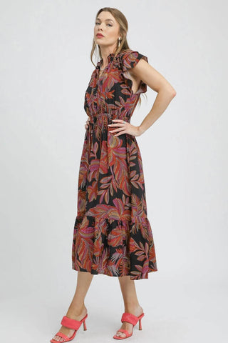 Umgee Mix Ruffle Sleeve Tropical Midi Dress - Just Believe Boutique