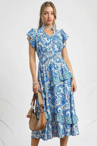 Umgee Paisley Print Ruffle Sleeve Midi Dress - Just Believe Boutique