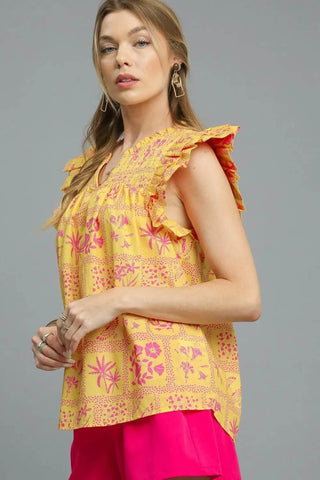 Umgee Printed Ruffle Cap Sleeve Blouse - Just Believe Boutique