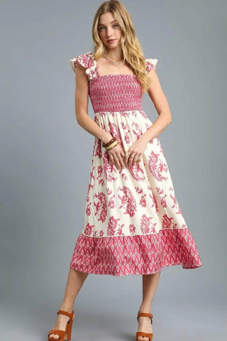 Umgee Printed Smocked Midi Dress with Ruffle Details - Just Believe Boutique