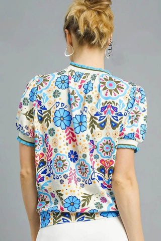 Umgee Retro Floral Puff Sleeve Top - Just Believe Boutique