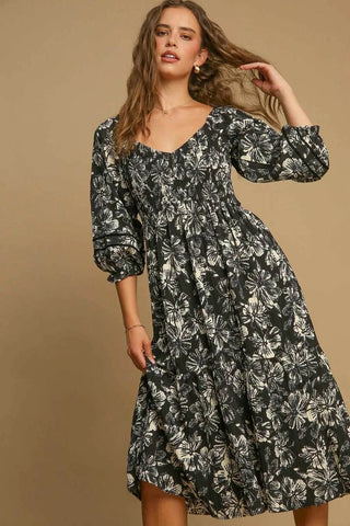 Umgee Ruffle Hem Flower Printed V-Neck Dress - Just Believe Boutique