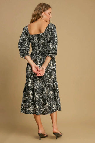 Umgee Ruffle Hem Flower Printed V-Neck Dress - Just Believe Boutique