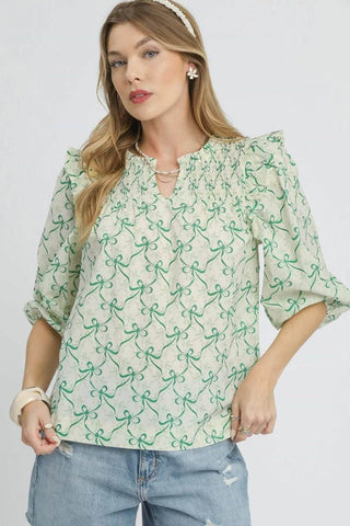 Umgee Ruffled Bow Print Notched Blouse - Just Believe Boutique