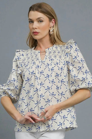 Umgee Ruffled Bow Print Notched Blouse - Just Believe Boutique