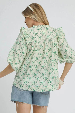 Umgee Ruffled Bow Print Notched Blouse - Just Believe Boutique