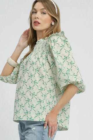 Umgee Ruffled Bow Print Notched Blouse - Just Believe Boutique