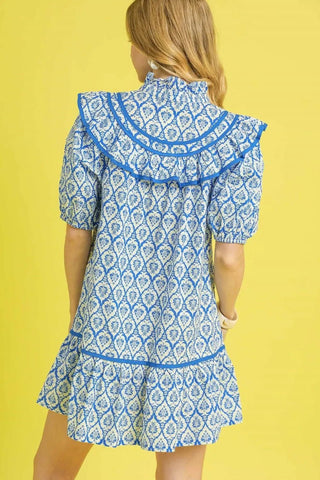 Umgee Ruffled Printed Puff Sleeve Mini Dress - Just Believe Boutique