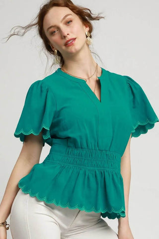 Umgee Scalloped Edge Flutter Sleeve Blouse - Just Believe Boutique