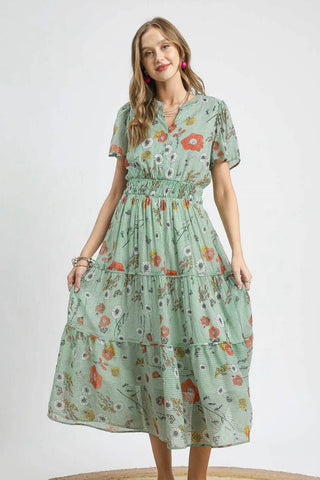 Umgee Smocked Waist Floral Short Sleeve Midi Dress - Just Believe Boutique