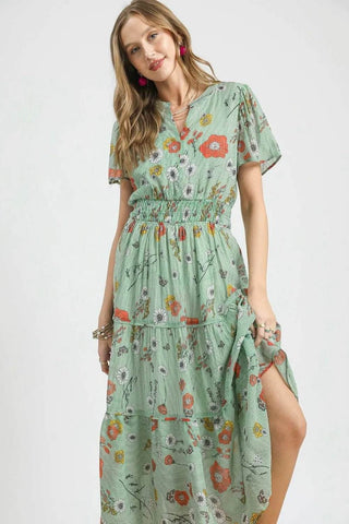 Umgee Smocked Waist Floral Short Sleeve Midi Dress - Just Believe Boutique