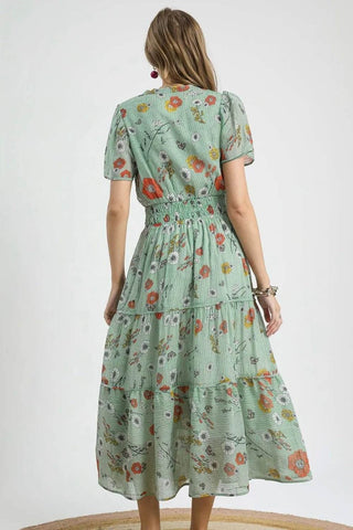 Umgee Smocked Waist Floral Short Sleeve Midi Dress - Just Believe Boutique