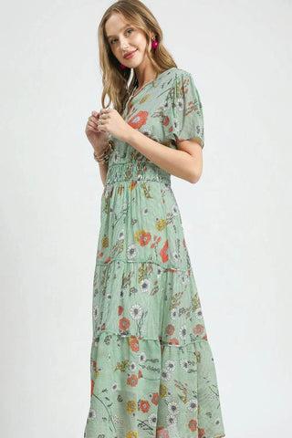 Umgee Smocked Waist Floral Short Sleeve Midi Dress - Just Believe Boutique