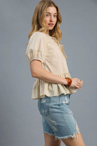 Umgee Tie Front Puff Sleeve Blouse - Just Believe Boutique