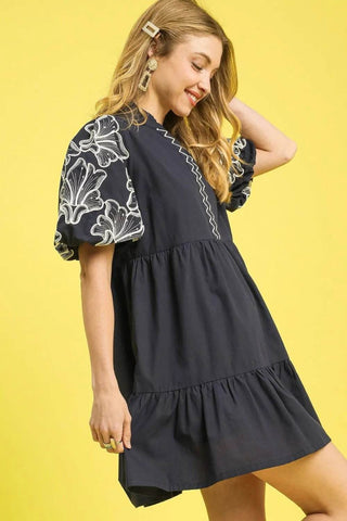 Umgee Tiered Embroidered Puff Sleeve Mini Dress - Just Believe Boutique