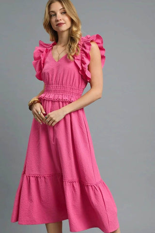 Umgee V-Neck Ruffled Cap Sleeve Midi Dress - Just Believe Boutique
