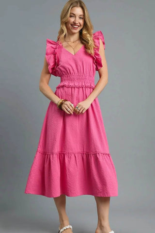 Umgee V-Neck Ruffled Cap Sleeve Midi Dress - Just Believe Boutique